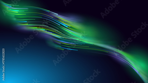 Green Glowing Dots Wave Lines Abstract Background. Futuristic Energy Flow, Digital Tech, Data Stream Design, Sustainable Renewable Energy Presentation Backdrop. Green Tech and Science Vector.