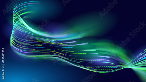 Green Glowing Dots Wave Lines Abstract Background. Futuristic Energy Flow, Digital Tech, Data Stream Design, Sustainable Renewable Energy Presentation Backdrop. Green Tech and Science Vector.