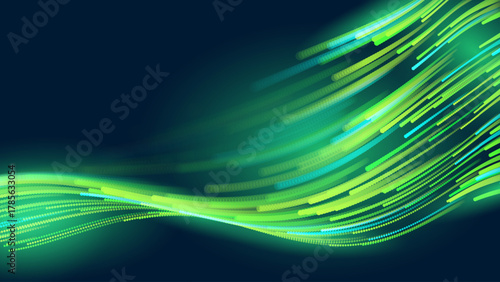 Green Glowing Dots Wave Lines Abstract Background. Futuristic Energy Flow, Digital Tech, Data Stream Design, Sustainable Renewable Energy Presentation Backdrop. Green Tech and Science Vector.
