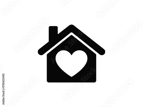 A stylized house symbol with a heart inside represents home and love.