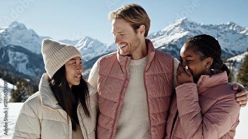 Three Smiling People In Puffy Vests On Snow With Mountain Background In Bright Sunlight