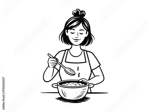 A woman is stirring a pot of food with a spoon in an illustration.