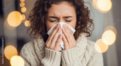 Young woman showing signs of illness by holding a tissue to her nose while wearing a cozy sweater indoors during winter