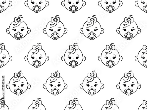 A repeating pattern of cute baby faces with pacifiers and bows