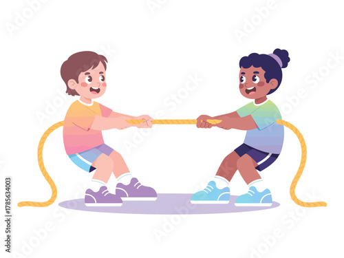 Two children engaged in a friendly tug-of-war competition on a clear day.