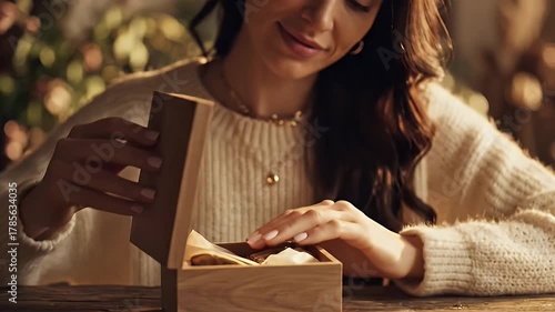 Woman Opening Wooden Box on a Wooden Table with Golden Jewelry and Cream Sweater in Warm Lighting