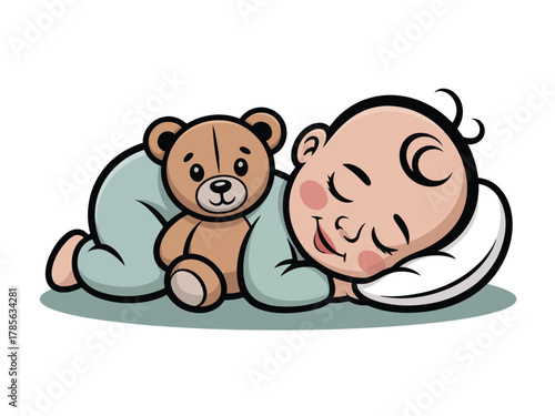 A sweet baby sleeps peacefully with a beloved teddy bear friend.