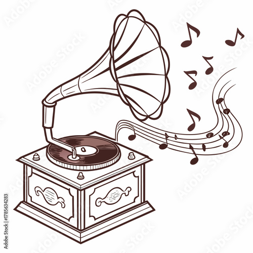 Vintage gramophone playing music with musical notes flowing outward