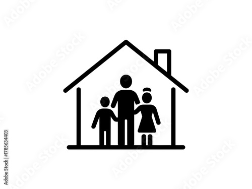 A family of three stands inside a simple house silhouette.