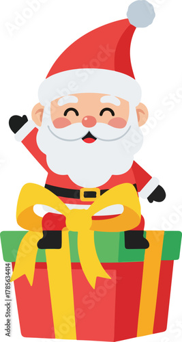 Cute cartoon Santa Claus illustration icon waving hand cheerfully sitting on a Christmas gift box tied with a yellow ribbon, perfect for holiday greetings and winter celebrations