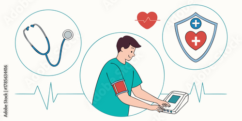 Doctor checking blood pressure with medical equipment and health symbols illustration