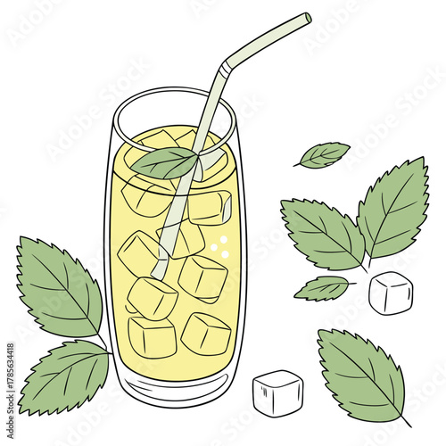 Refreshing iced tea with mint leaves and ice cubes hand drawn illustration
