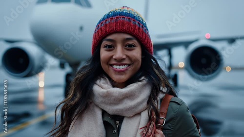 Young Woman Smiling in Winter Attire by Airplane During Day Time Outdoors with Blurred Background