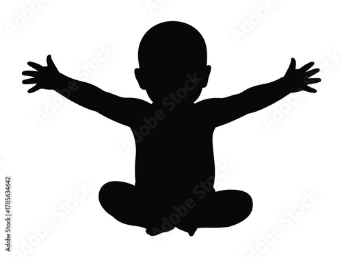 A silhouette of a baby sitting with arms outstretched in a welcoming gesture.