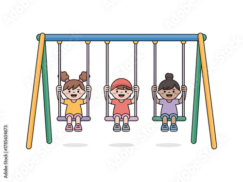 Three happy children enjoying a swing set at a playground.