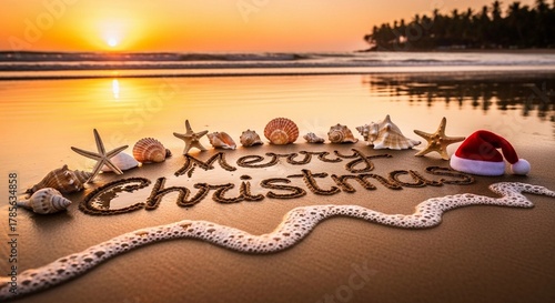 Fototapeta Naklejka Na Ścianę i Meble -  “Merry Christmas” written on sandy beach under sunset sky