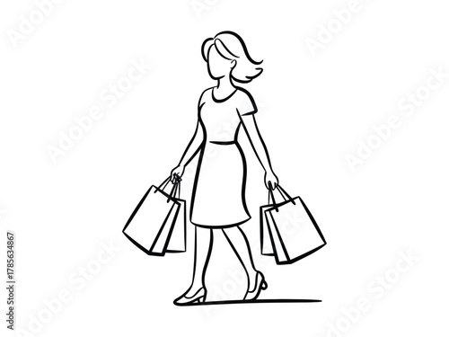 A woman walks with shopping bags in a stylized line drawing.