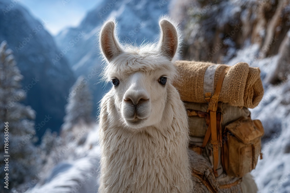 Obraz premium Charming llama with a pack ready for adventure in the snowy mountains, inviting exploration and wanderlust, perfect for travel and outdoor themed content