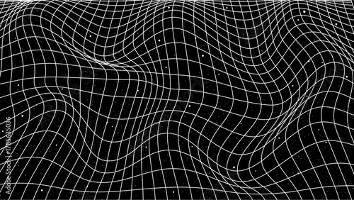 3d distorted wireframe grid warp template design vector illustration background. Empty 3 dimension virtual mesh with perspective wireframe grid geometric sketch. Cyber virtual line wavy frame.
