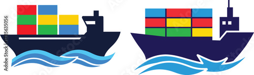 Two cargo ships with colorful containers sailing on blue waves.