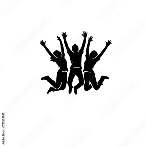 Black and white silhouette icon of three young figures joyfully jumping with raised hands. Represents positive energy, optimism, high spirits, and the global celebration