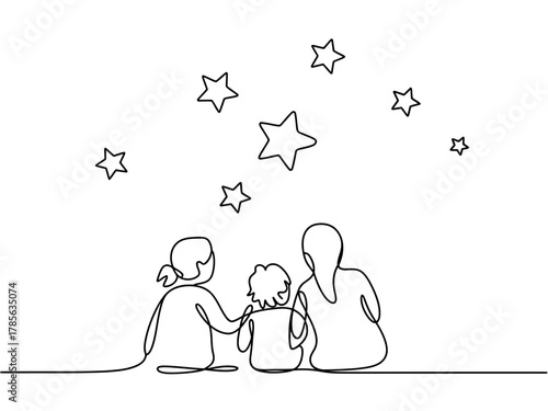 A family gazes up at a sky filled with shining stars.