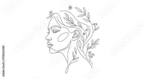 Elegant Single Line Drawing of a Woman's Face with Floral Hair Decoration