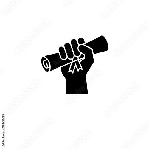 black and white icon featuring a hand holding a rolled certificate or diploma. Represents the critical role of education, professional development, and acquiring skills for the young generation's