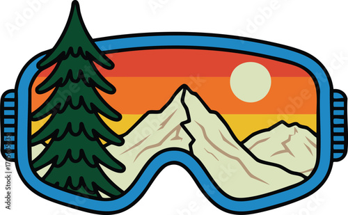 Ski Goggles Reflecting a Mountain Sunset Landscape, Mountain View Through Goggles Graphic, Retro Ski/Snowboard Goggles Badge with Tree and Peaks, Vector graphic of ski and snowboard goggles, vector.