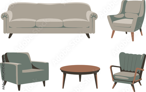Comfortable living room furniture set with sofa and chairs for modern interiors