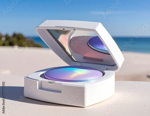 Iridescent powder compact, open, against beachy backdrop