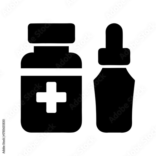 Medicine bottle icon with cross and liquid dropper vial Vector, illustration