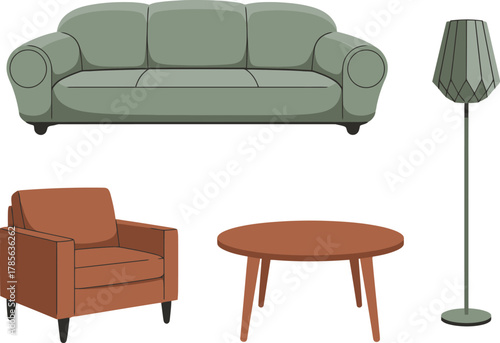 Arrange a perfect living room with cozy sofas, armchairs, tables and lamps