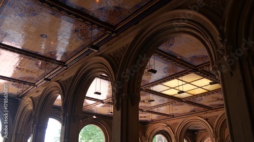 New York City Central Park Bethesda Terrace celling in United States. Arches architecture in NYC Manhattan Midtown, USA. American historic monument near fountain