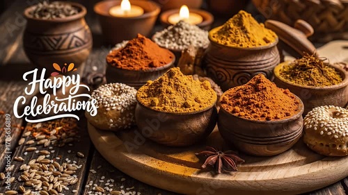 Close-Up Composition of Colorful Spices Displayed in Ceramic Bowls on a Wooden Platter with Festive Text