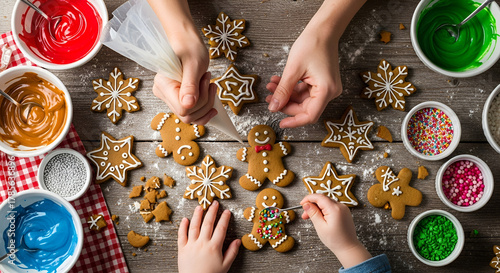 Decorating gingerbread cookies with icing and sprinkles on a wooden table for christmas holiday season