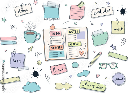 Colorful hand-drawn vector doodles for bullet journals and planners. Includes stickers, lists, and decorative elements for organizing, planning, and boosting productivity in a playful style