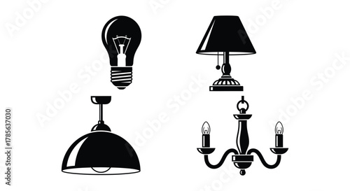 Lighting fixtures black and white lamp chandelier bulb icons set
