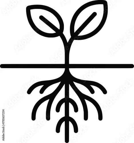 Minimalist line art icon of a sprout growing with roots emerging from soil