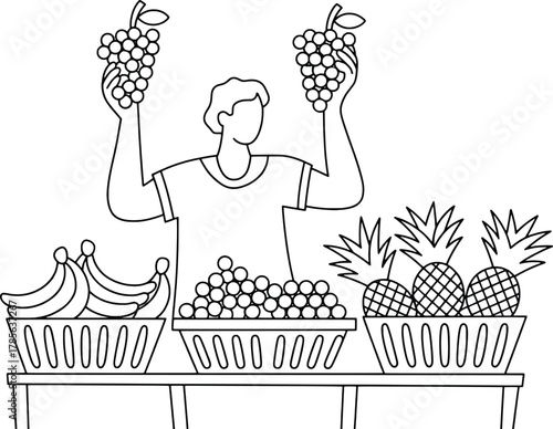 Man farmer selling fresh fruits bananas grapes pineapples from market stall
