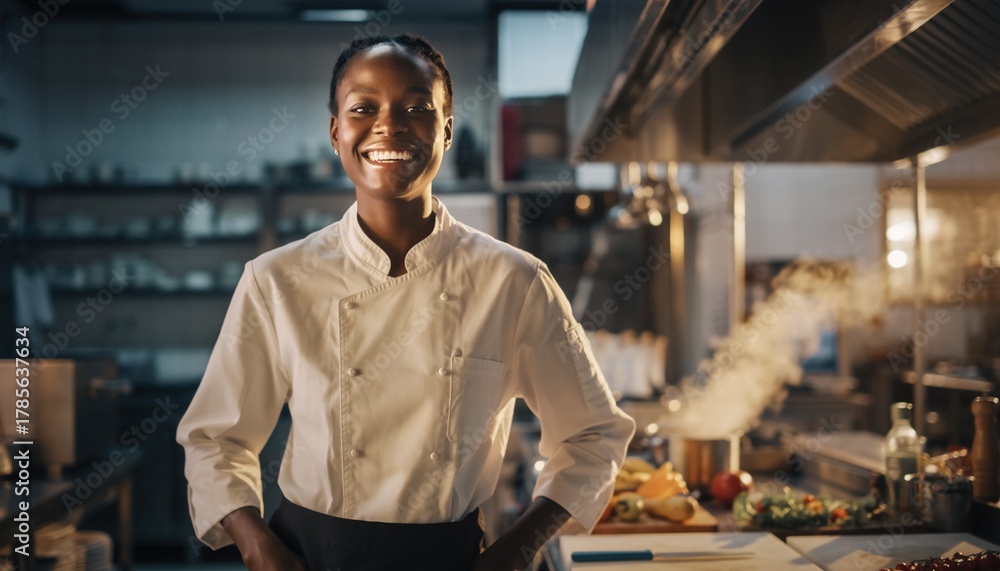 Fototapeta premium Portrait of happy professional African-American chef standing at fancy restaurant kitchen looking at camera smiling. 