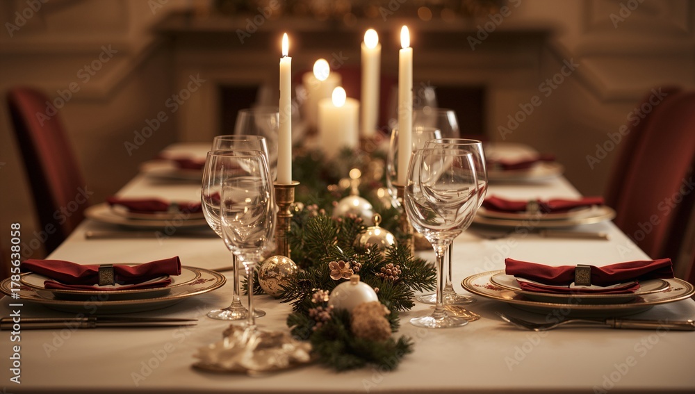 Fototapeta premium Elegant christmas dinner table setting with candles wine glasses and festive decorations arranged neatly