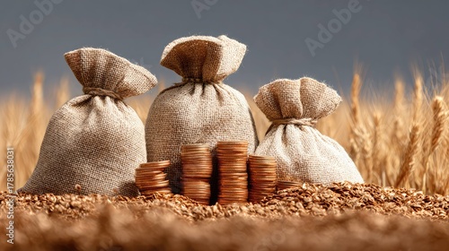 Money bags and coins in wheat field symbolizing agricultural production profit and growth.