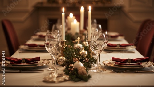 Elegant christmas dinner table setting with candles wine glasses and festive decorations arranged neatly