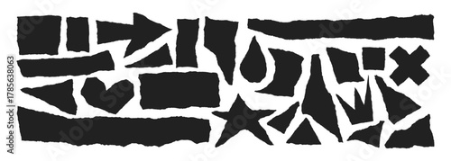 Jagged edge torn paper piece collage grunge cut out shapes vector illustration. Ripped paper abstract frame shape text box template collection.