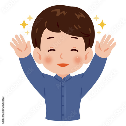両手を上げて万歳する笑顔の男性　上半身イラスト／Upper Body Illustration of Smiling Man Raising Both Hands in Victory