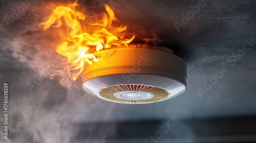 Fire alarm detector on fire on ceiling triggered