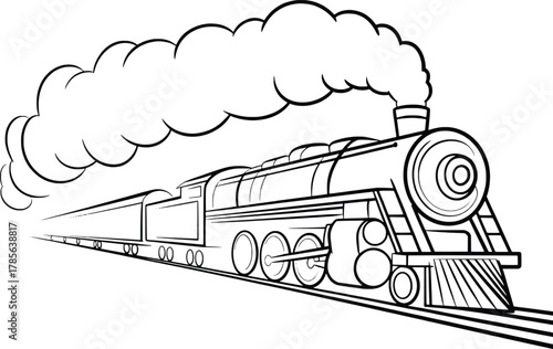 Classic steam train traveling on tracks emitting puffs of smoke and steam