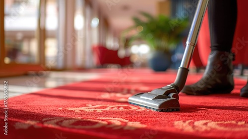 Cleaning staff vacuuming red carpet in hotel lobby