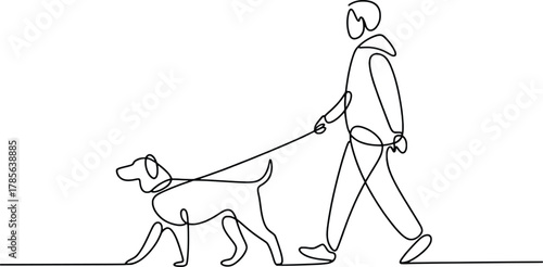 Single line drawing person walking dog on leash outdoor simple art style
